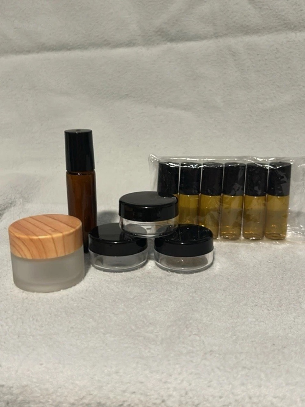 Travel Cosmetic Jar and Roller Bottle Set - Clear, Amber, Black